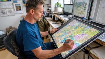 Man working on digital drawing tablet with stylus in creative office, focused on colorful detailed artwork with multiple monitors around photo