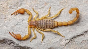 Yellow scorpion with large pincers resting on textured light stone surface, showing detailed body segments and curved tail photo