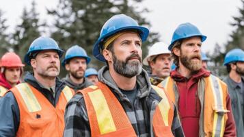 Group of construction workers wearing safety helmets and reflective vests standing outdoors with focused expressions during workday photo
