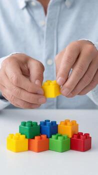 Building blocks in bright colors being held and stacked by adult hands on white surface, creating playful and creative scene photo