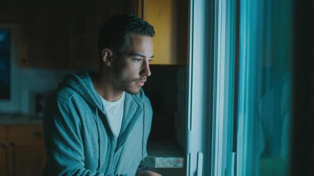 Young man in gray hoodie looking thoughtfully out of window in dimly lit room, expressing calm and introspective mood photo