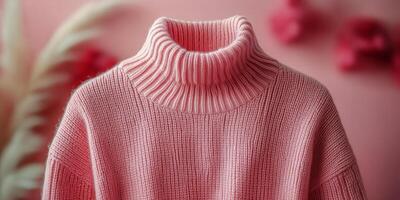 Cozy Pink Sweater Displayed Against Soft Pink Background With Decorative Elements photo