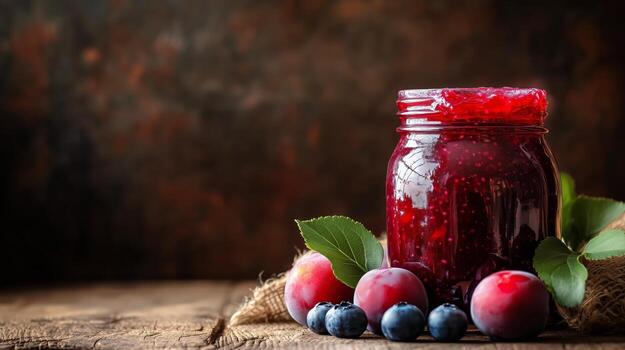 Delicious Homemade Blueberry and Raspberry Jam in a Jar With Fruits on Wooden Table. photo