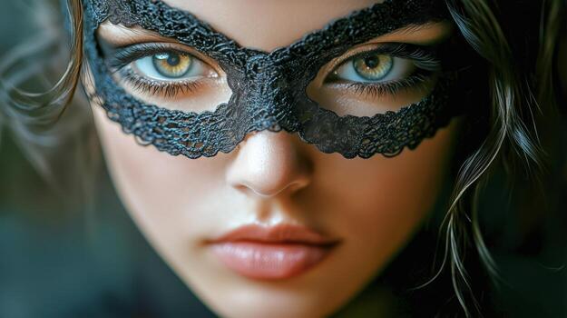 Mysterious Woman With Lace Mask Gazes Into the Camera During a Masquerade Event at Night. photo