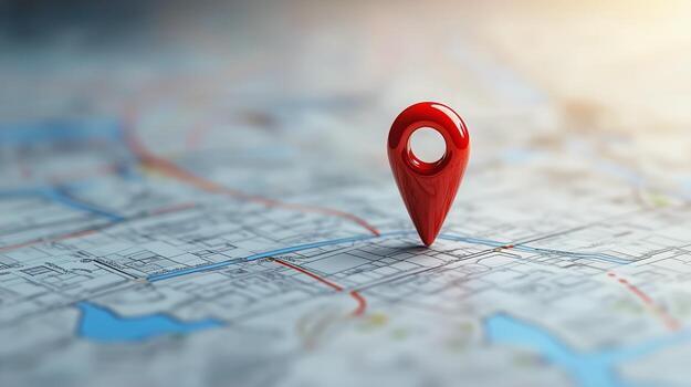 Red Map Pin Marks Location on City Map at Sunset Highlighting Navigation in Urban Area photo