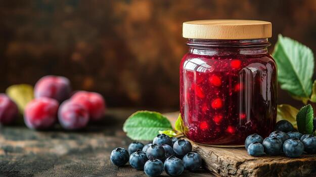 Delicious Homemade Blueberry and Raspberry Jam in a Jar With Fruits on Wooden Table photo