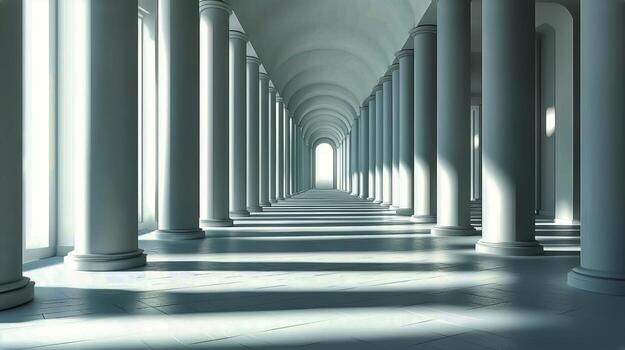 Bright Corridor With Arches and Columns Showcasing Light Patterns in a Modern Architecture Setting. photo