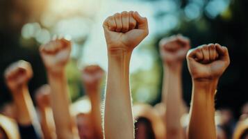 Demonstrators Raise Fists in Solidarity During Peaceful Protest at Sunset in Urban Park Setting photo