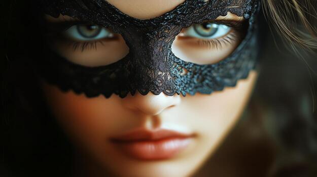 Mysterious Woman With Lace Mask Gazes Into the Camera During a Masquerade Event at Night photo