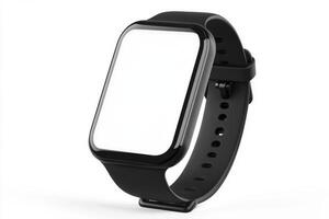 Sleek black fitness tracker with blank white screen isolated on white photo