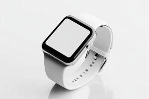 Sleek white smartwatch with a polished silver frame on a reflective surface photo