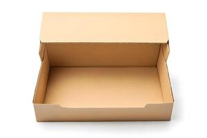 Open cardboard box with lid partially covering the top isolated on white photo