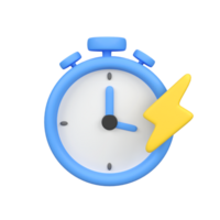 Blue clock stopwatch with thunder isolated 3d render icon illustration png