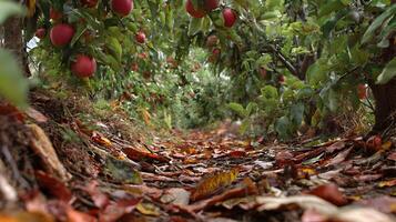 Autumn apple orchard path offers a tranquil scene with ripe red apples on branches and fallen leaves covering the photo