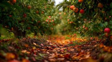 Harvest time in the organic apple orchard with lush trees laden with ripe fruits creating idyllic seasonal autumn photo