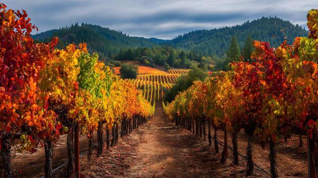 Scenic vineyard in autumn colors with trees on the hillside and row after row of grape vines stretching out into the photo