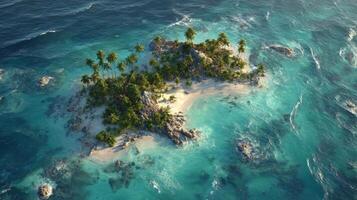 Serene Aerial View of Tropical Island Surrounded by Turquoise Waters and Lush Palm Trees in Bright Sunlight photo