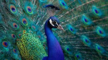 Majestic peacock displaying vibrant feathers in a stunning array of blue and green, showcasing nature's colorful artistry photo