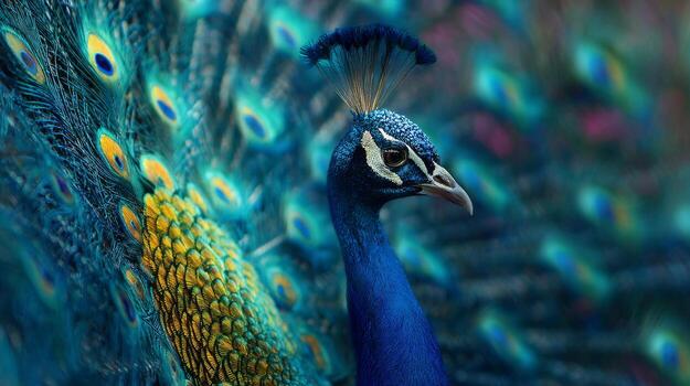 Vibrant and Colorful Peacock Displaying Feathers in Nature, Showcasing Iridescent Colors and Intricate Patterns photo