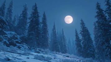 Serene Winter Night Landscape with Snow-Covered Trees and Full Moon Overhead in a Calm, Tranquil Atmosphere photo