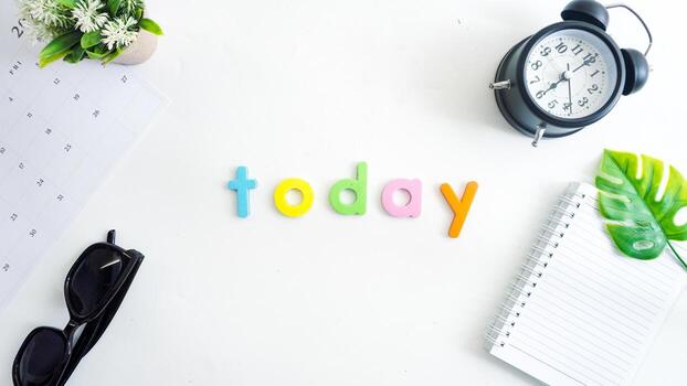 Flat lay composition with colorful foam letters spelling text TODAY isolated on white background photo