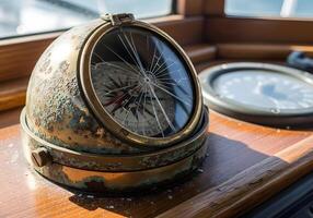 An old compass on a boat with a compass and a compass photo