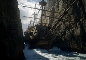 A pirate ship is in the water near a cliff photo