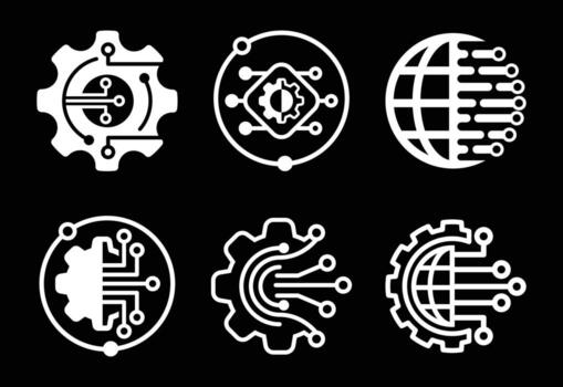 Set of six futuristic technology icons featuring gears circuits and globe vector