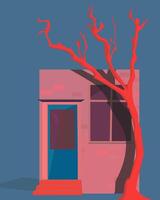 casa en azul antecedentes iluminado por Dom con árbol. desierto, abandonado casa, mano dibujado ilustración, sitio para texto, póster vector