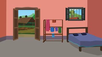 Indian Village Bedroom Indoor background .Rural House Interior design with Bed, Clothes Rack and Open Door vector