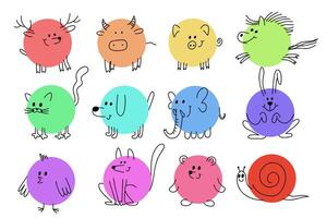 Big collection of simple stickers with smiling animals drawn with pencil lines in a circle. Cute pictograms depicting cat, chicken, bear, elephant, snail, dog, horse, deer, fox, cow, pig and hare. vector
