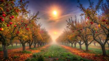 Golden sunrise over an autumn apple orchard photo