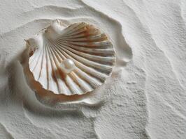 Single delicate pearl resting softly in center of scallop shell, surrounded by fine sand, creates serene and elegant composition that evokes tranquility and beauty photo