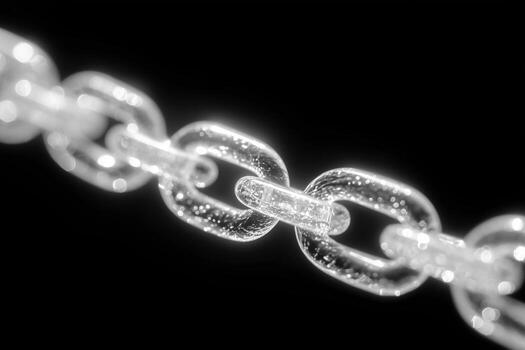 Close up view of shimmering chain made of clear crystal links, showcasing intricate details and reflections against dark background, evoking sense of elegance and sophistication photo