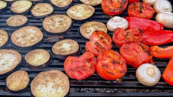 Grilled aubergine and smoky tomato symphony, vegetarian solstice celebration, farmers market wonders, midsummer feast on charred grates photo