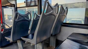 Empty bus seats basking in urban sunlight, silent witnesses to commuter tales, evoke Public Transport Day reflections photo