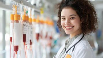 a smiling medical professional stands in the foreground, wearing a white lab coat with a stethoscope around their neck photo