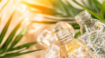 the image showcases two glass bottles lying on their sides, partially filled with clear liquid, accompanied by several ice cubes photo