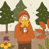 Girl in sweater holding maple leaf with trees and foliage background illustration autumn fall theme vector