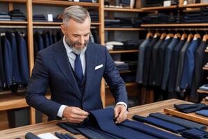 A man in a suit is looking at a suit photo