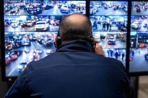 A man is looking at a screen with many different images photo
