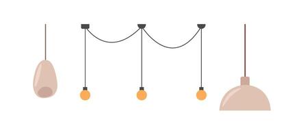 Interior lamp light set. Hanging chandelier and bulb. Simple flat design in minimalistic style for kitchen or living room. vector