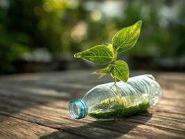 Plant, plastic bottle, green leaf, sunlight, eco friendly concept with natural background photo