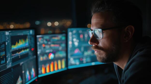 Man computer screen data analysis night glasses technology focus office photo