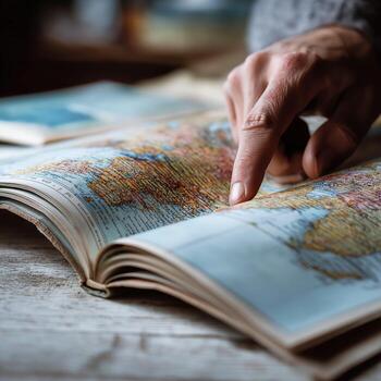 Finger pointing at colorful world map in open atlas book, travel planning on rustic wooden table photo