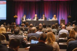 Business conference audience speaker panel professional indoor seminar discussion photo