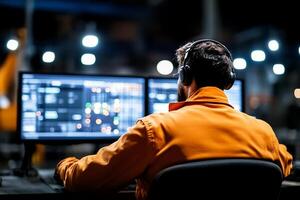 A man wearing headphones is sitting at a computer photo