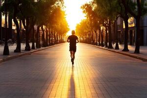 A man running down a street at sunset photo