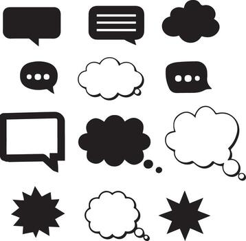 Speech Bubble Set Black and White Comic-Style Dialog, Thought, and Exclamation Icons with Bold Outline Variations vector