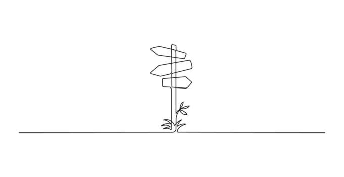 Three Arrow Blank Signpost in Continuous Line. Minimalist Road Direction and Navigation Symbol Illustration vector